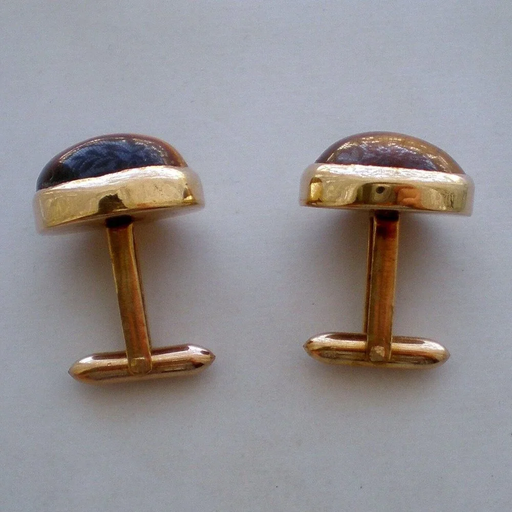 Vintage Solid 10K Yellow Gold Tiger Eye Men's Men Cufflinks Original Box 18.7 g.